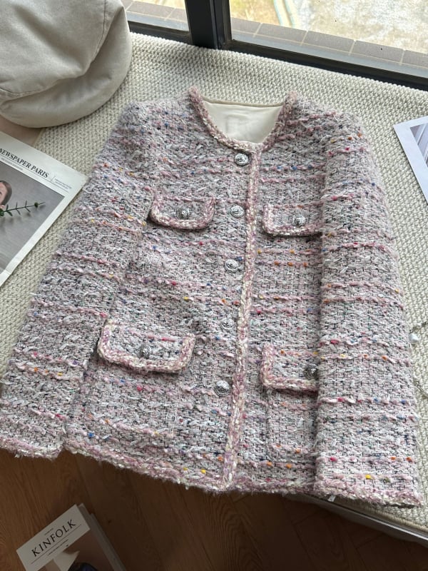 Jachetă scurtă din tweed, inspirată de Chanel, lux francez pentru doamnă, top cu guler rotund A78012