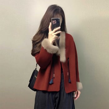 Palton roșu de lână pentru femei, cu guler din blană de nurcă, imprimeu animal, lungime scurtă, de înaltă calitate