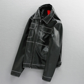 Ανδρικό δερμάτινο μπουφάν σε εφαρμογή Slim-Fit, PU κέντημα, Harley-εμπνευσμένο αμερικανικό μοτοσυλετιστικό στυλ, μαύρο