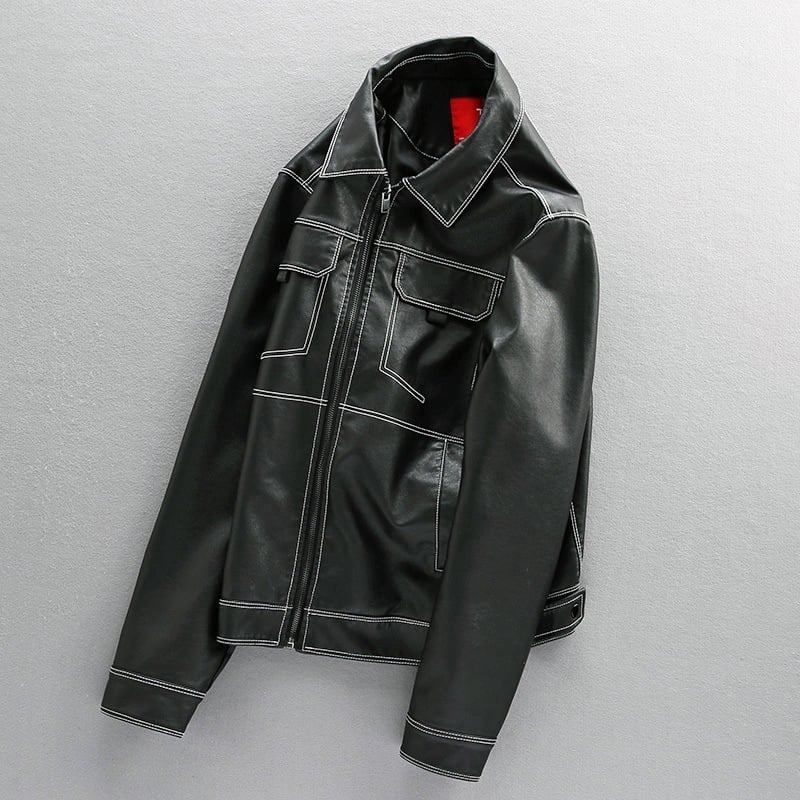 Ανδρικό δερμάτινο μπουφάν σε εφαρμογή Slim-Fit, PU κέντημα, Harley-εμπνευσμένο αμερικανικό μοτοσυλετιστικό στυλ, μαύρο
