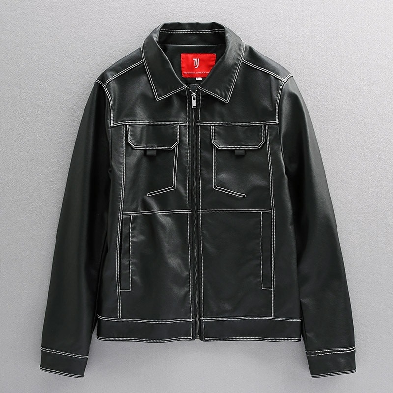 Ανδρικό δερμάτινο μπουφάν σε εφαρμογή Slim-Fit, PU κέντημα, Harley-εμπνευσμένο αμερικανικό μοτοσυλετιστικό στυλ, μαύρο