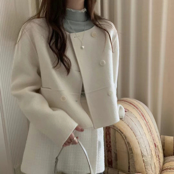 Chic coreean: palton scurt din lână, guler rotund, nasturi dubli, design simplu și retro elegant, versatil, 2 culori