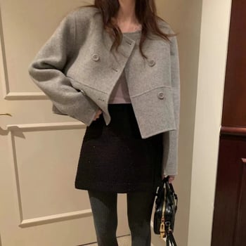 Chic coreean: palton scurt din lână, guler rotund, nasturi dubli, design simplu și retro elegant, versatil, 2 culori