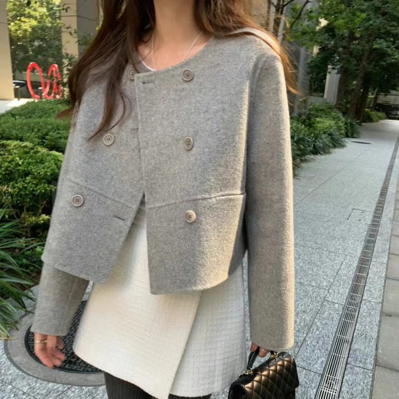 Chic coreean: palton scurt din lână, guler rotund, nasturi dubli, design simplu și retro elegant, versatil, 2 culori