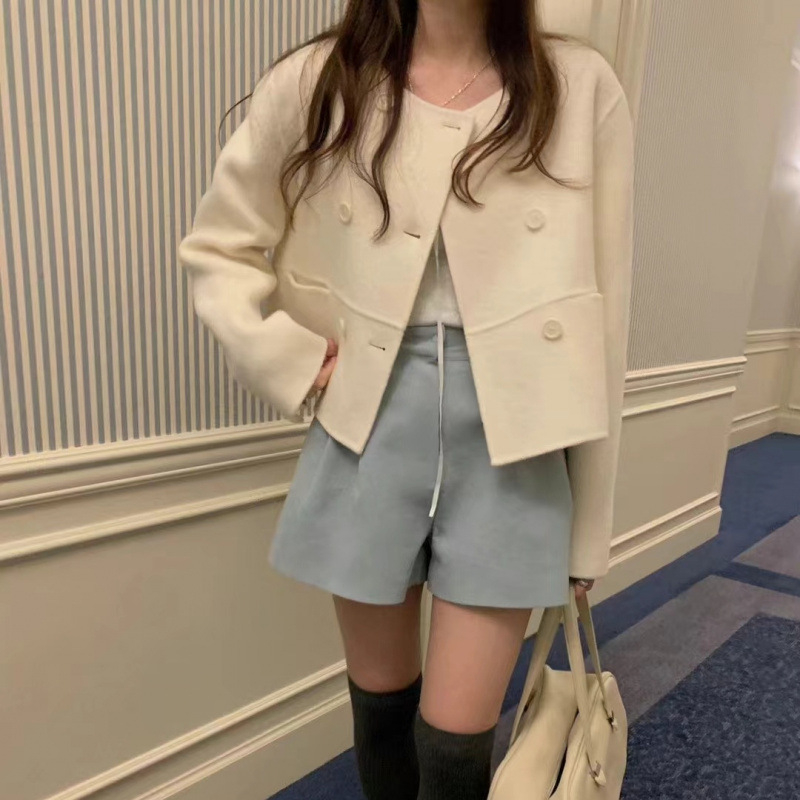 Chic coreean: palton scurt din lână, guler rotund, nasturi dubli, design simplu și retro elegant, versatil, 2 culori