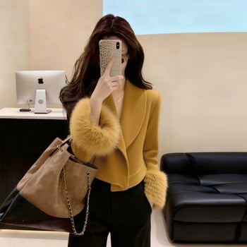 Palton reversibil din lână brună, stil franțuzesc, pentru femei, iarna 2025, palton scurt cu guler din blană de nurcă, elegant și sofisticat