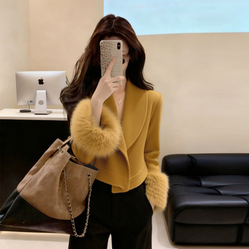 Palton reversibil din lână brună, stil franțuzesc, pentru femei, iarna 2025, palton scurt cu guler din blană de nurcă, elegant și sofisticat