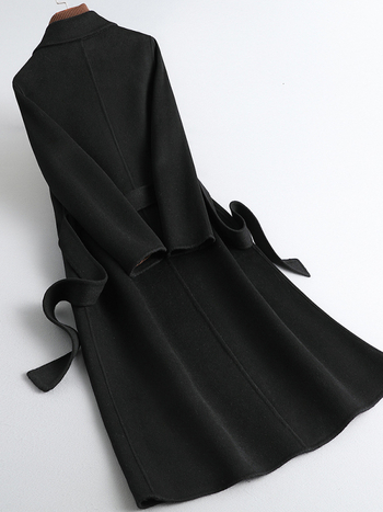 Palton reversibil din cașmir și lână pentru femei, lung mediu, negru, tricotat manual, croială slim fit