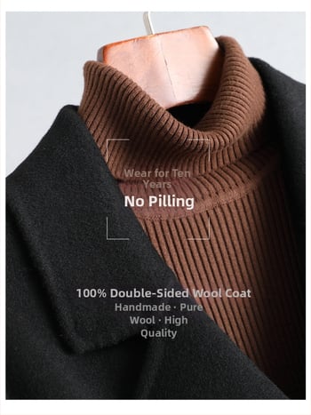 Palton reversibil din cașmir și lână pentru femei, lung mediu, negru, tricotat manual, croială slim fit