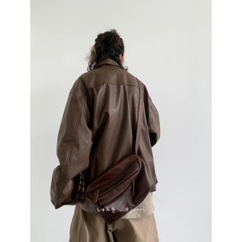 PU δερμάτινο μπουφάν μοτοσικλέτας, unisex, καφέ, ρετρό ιαπωνικό στιλ, χαλαρή γραμμή, ψηλός γιακά, φερμουάρ