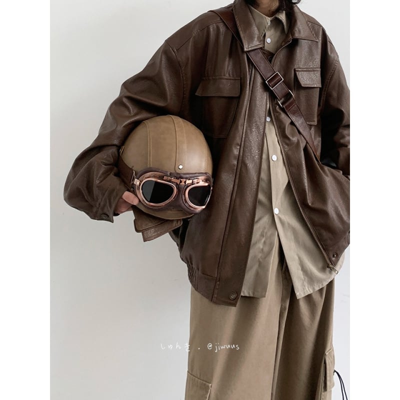 PU δερμάτινο μπουφάν μοτοσικλέτας, unisex, καφέ, ρετρό ιαπωνικό στιλ, χαλαρή γραμμή, ψηλός γιακά, φερμουάρ