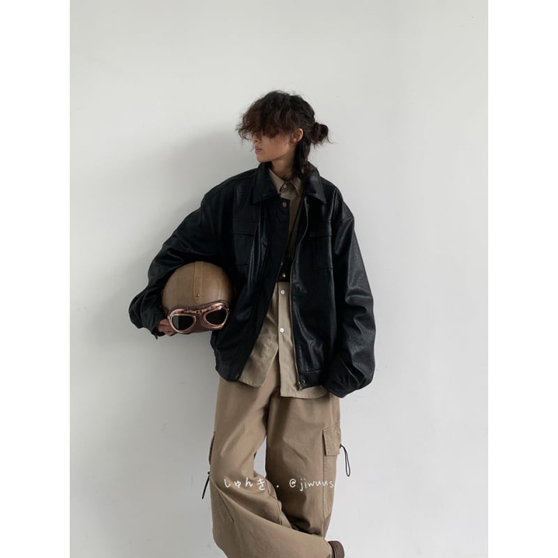 PU δερμάτινο μπουφάν μοτοσικλέτας, unisex, καφέ, ρετρό ιαπωνικό στιλ, χαλαρή γραμμή, ψηλός γιακά, φερμουάρ