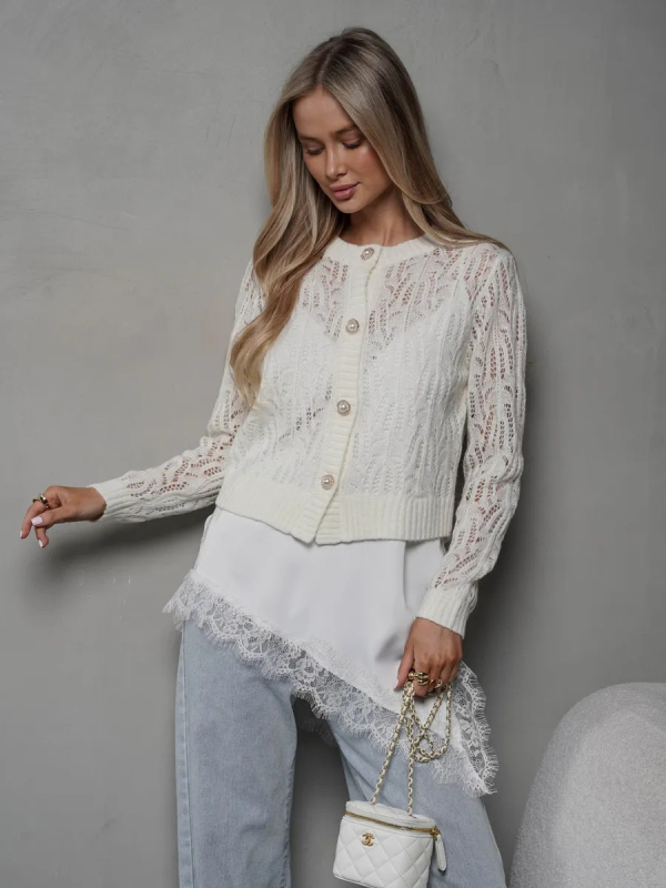 Dámsky krátky cardigan s gombíkmi, priehľadný pletený mohair, biela