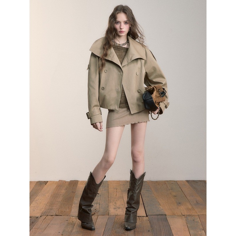 Benview Γυναικείο κοντό παλτό τύπου trench, vintage στυλ, με γιακά-στάντ και φαρδιά γραμμή