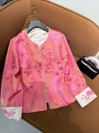 Női rózsaszín kínai stílusú hosszú ujjú kardigán jacquard mintával, tavaszi elegáns, sokoldalú felső