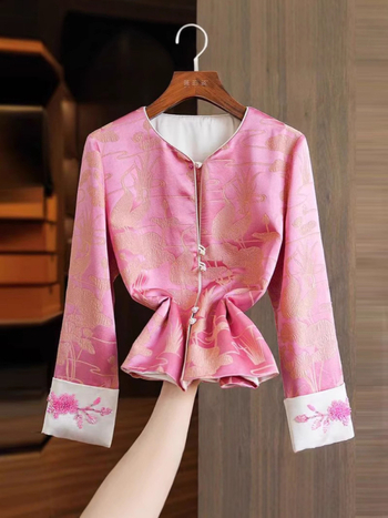Női rózsaszín kínai stílusú hosszú ujjú kardigán jacquard mintával, tavaszi elegáns, sokoldalú felső
