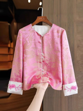 Női rózsaszín kínai stílusú hosszú ujjú kardigán jacquard mintával, tavaszi elegáns, sokoldalú felső