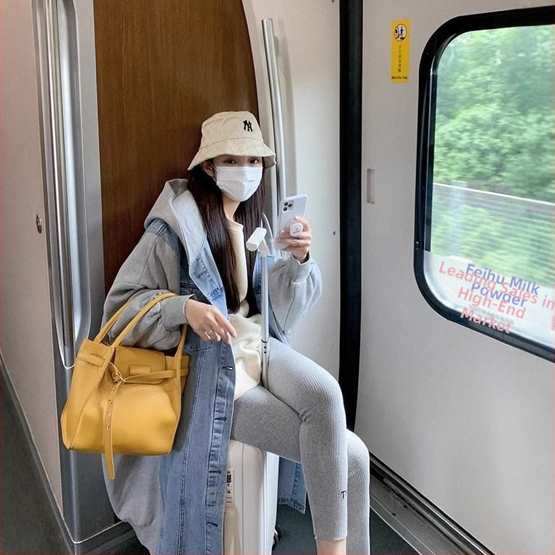 Dámska kapucňová džínová bunda strednej dĺžky, jar–jeseň, retro patchwork šitie, casual streetwear