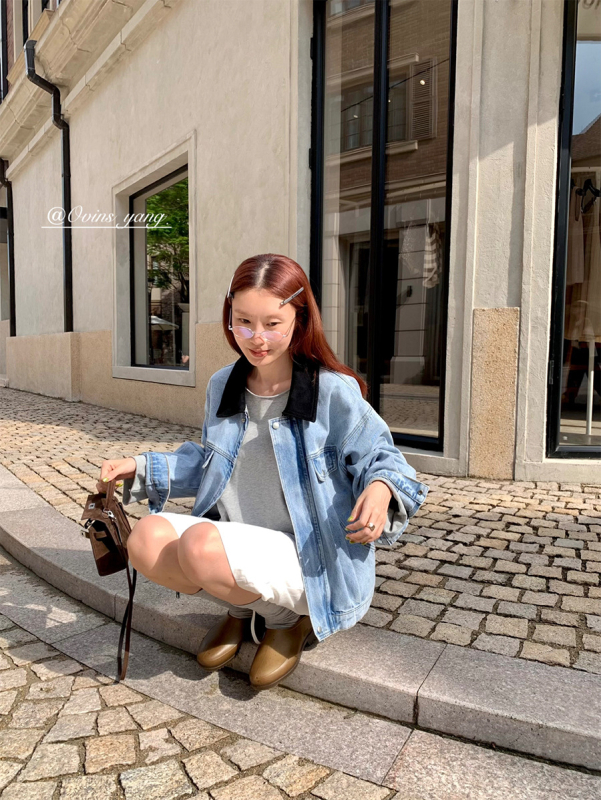 Ovinsyang Dámska džínsová bunda s farebným blokom, korejský štýl, voľný strih, každodenné nosenie