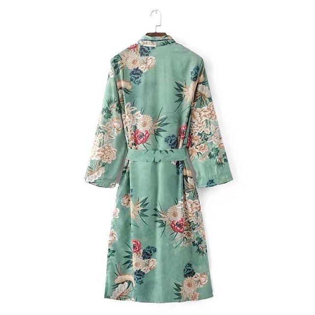 Dámsky dlhý kimono štýl kabát so zelenou potlačou
