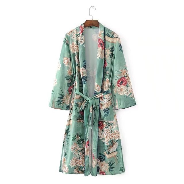 Dámsky dlhý kimono štýl kabát so zelenou potlačou