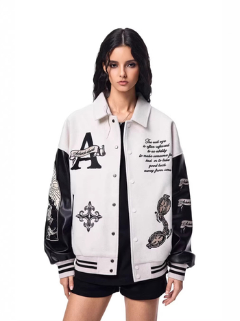 Μπουφάν unisex με υφή lychee δέρματος και πλούσιο κέντημα, πέτο γιακά, μακριά μανίκια, στυλ baseball, άνοιξη-φθινόπωρο