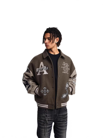 Μπουφάν unisex με υφή lychee δέρματος και πλούσιο κέντημα, πέτο γιακά, μακριά μανίκια, στυλ baseball, άνοιξη-φθινόπωρο