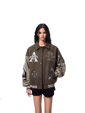 Μπουφάν unisex με υφή lychee δέρματος και πλούσιο κέντημα, πέτο γιακά, μακριά μανίκια, στυλ baseball, άνοιξη-φθινόπωρο