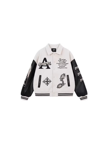 Μπουφάν unisex με υφή lychee δέρματος και πλούσιο κέντημα, πέτο γιακά, μακριά μανίκια, στυλ baseball, άνοιξη-φθινόπωρο