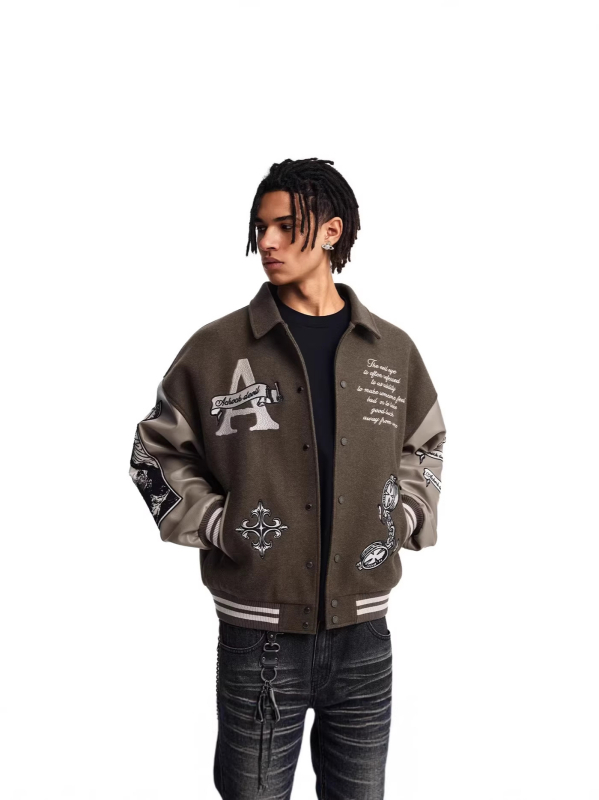 Μπουφάν unisex με υφή lychee δέρματος και πλούσιο κέντημα, πέτο γιακά, μακριά μανίκια, στυλ baseball, άνοιξη-φθινόπωρο
