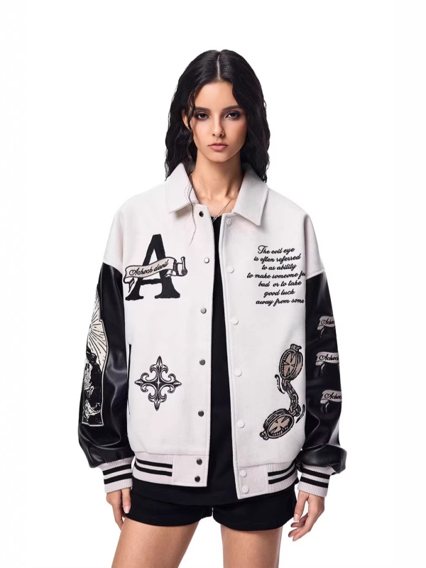 Μπουφάν unisex με υφή lychee δέρματος και πλούσιο κέντημα, πέτο γιακά, μακριά μανίκια, στυλ baseball, άνοιξη-φθινόπωρο