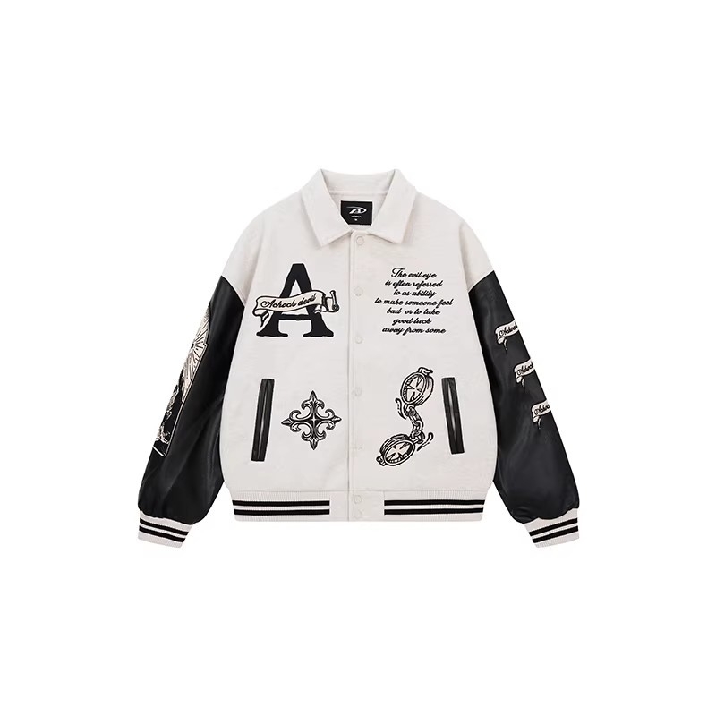 Μπουφάν unisex με υφή lychee δέρματος και πλούσιο κέντημα, πέτο γιακά, μακριά μανίκια, στυλ baseball, άνοιξη-φθινόπωρο