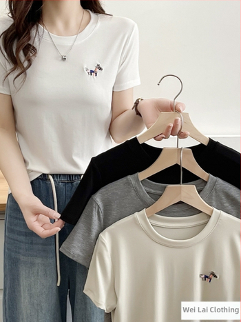Ženské tričko s krátkym rukávom z Lyocellu, letný model 2026, chladné a pohodlné, vyšívanie, štíhla silueta, okrúhly výstrih