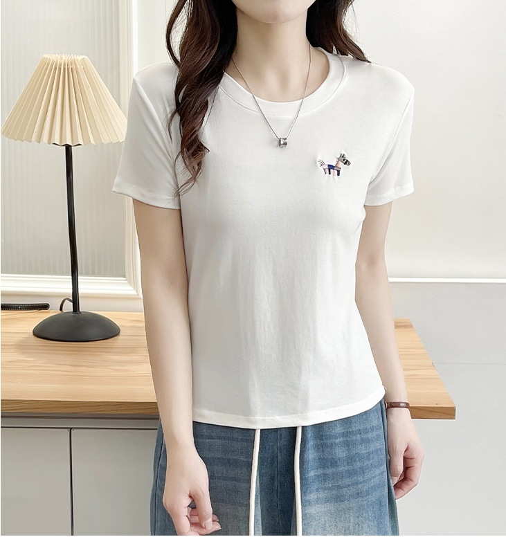 Γυναικεία κοντομάνικη T-shirt από Lyocell, καλοκαίρι 2026, δροσερή και άνετη, με κέντημα, στενή γραμμή, στρογγυλή λαιμόκοψη