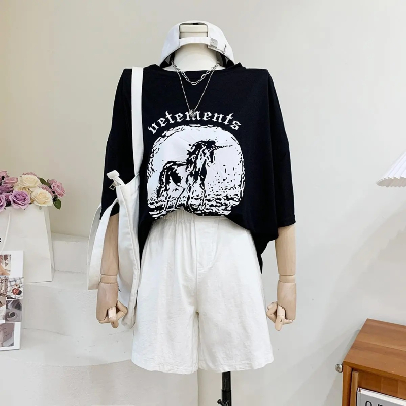 Γυναικείο T‑shirt από Modal, κοντομάνικο με εκτύπωση μονόκερου, στρογγυλή λαιμόκοψη, άνετη φαρδιά γραμμή για καλοκαίρι.