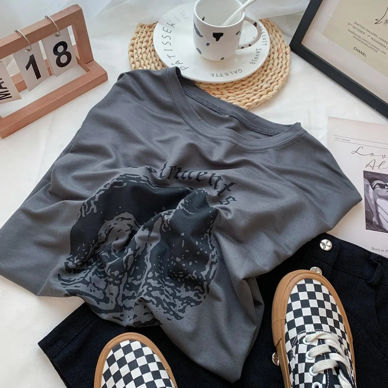Γυναικείο T‑shirt από Modal, κοντομάνικο με εκτύπωση μονόκερου, στρογγυλή λαιμόκοψη, άνετη φαρδιά γραμμή για καλοκαίρι.