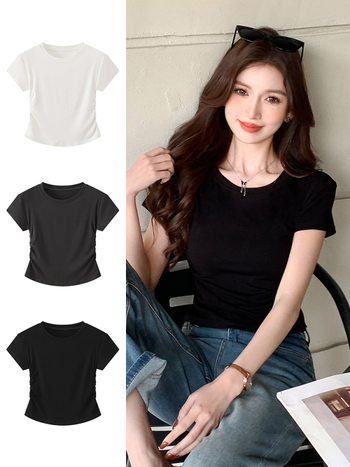 H239 Γυναικεία κοντομάνικη T-shirt για καλοκαίρι, κορεατικού στυλ, εφαρμοστή γραμμή, στρογγυλός λαιμός, για layering, μοντέρνο και ευκολοσυνδύαστο