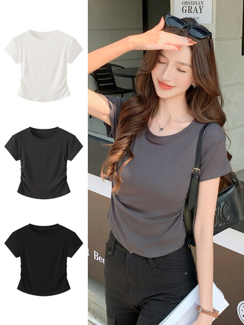 H239 Γυναικεία κοντομάνικη T-shirt για καλοκαίρι, κορεατικού στυλ, εφαρμοστή γραμμή, στρογγυλός λαιμός, για layering, μοντέρνο και ευκολοσυνδύαστο