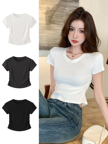 H239 Γυναικεία κοντομάνικη T-shirt για καλοκαίρι, κορεατικού στυλ, εφαρμοστή γραμμή, στρογγυλός λαιμός, για layering, μοντέρνο και ευκολοσυνδύαστο