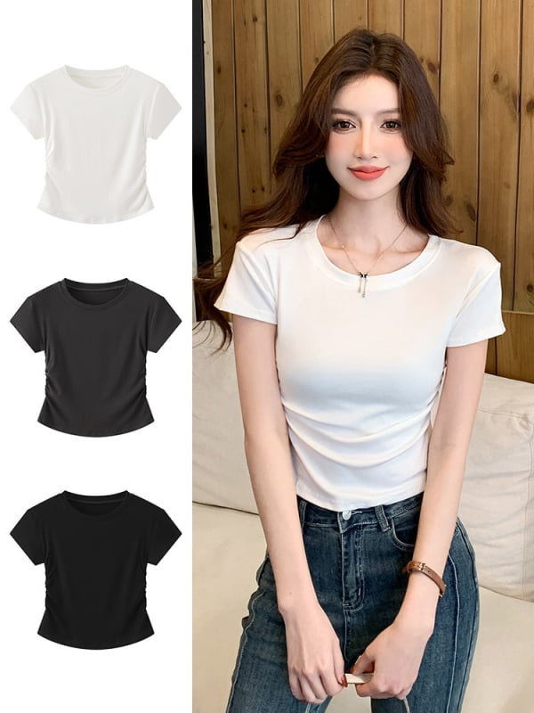 H239 Γυναικεία κοντομάνικη T-shirt για καλοκαίρι, κορεατικού στυλ, εφαρμοστή γραμμή, στρογγυλός λαιμός, για layering, μοντέρνο και ευκολοσυνδύαστο
