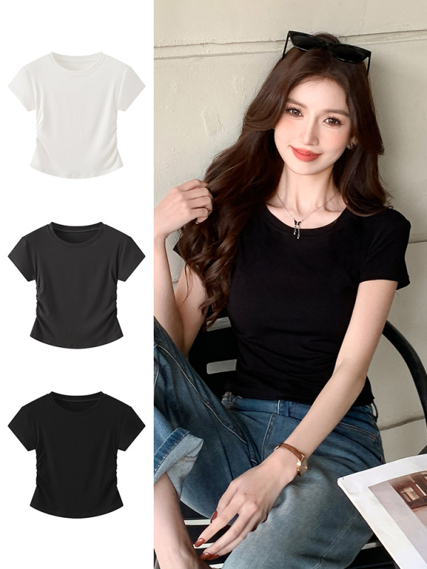 H239 Γυναικεία κοντομάνικη T-shirt για καλοκαίρι, κορεατικού στυλ, εφαρμοστή γραμμή, στρογγυλός λαιμός, για layering, μοντέρνο και ευκολοσυνδύαστο
