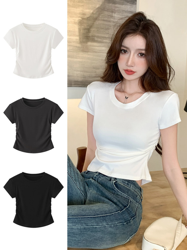 H239 Γυναικεία κοντομάνικη T-shirt για καλοκαίρι, κορεατικού στυλ, εφαρμοστή γραμμή, στρογγυλός λαιμός, για layering, μοντέρνο και ευκολοσυνδύαστο