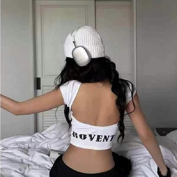Σεξι T‑shirt με ψηλή μέση, κοντό τοπ και ανοιχτή πλάτη, λευκό, καλοκαιρινό στυλ με αμερικανο-γαλλικό ύφος, στενή γραμμή