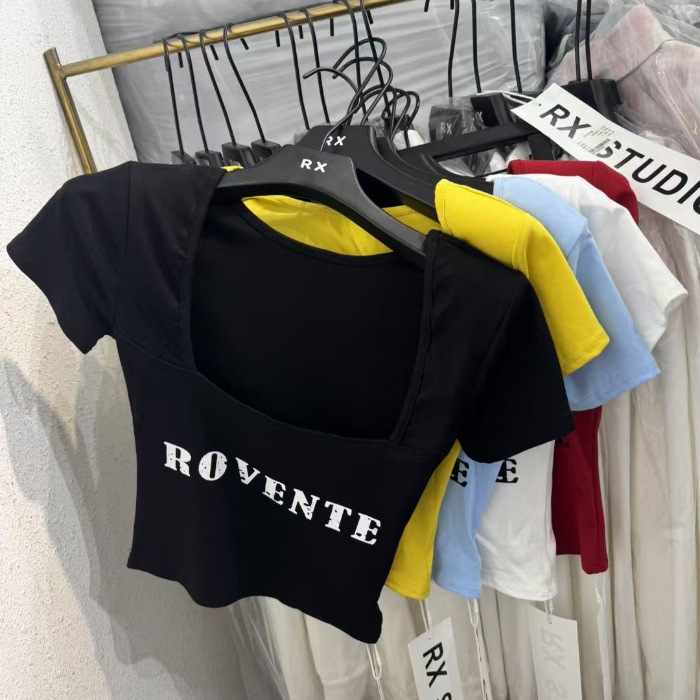 Σεξι T‑shirt με ψηλή μέση, κοντό τοπ και ανοιχτή πλάτη, λευκό, καλοκαιρινό στυλ με αμερικανο-γαλλικό ύφος, στενή γραμμή
