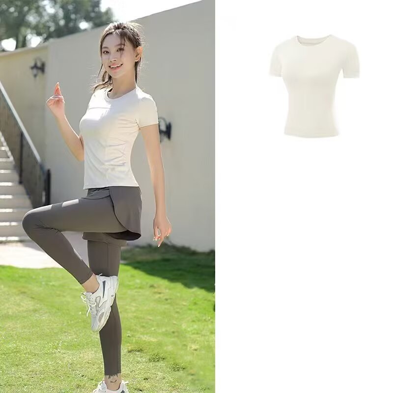 Γυναικείο εφαρμοστό αθλητικό T-shirt με γρήγορο στέγνωμα, διαπνέον κοντό μανίκι, για τρέξιμο, γυμναστική και γιόγκα