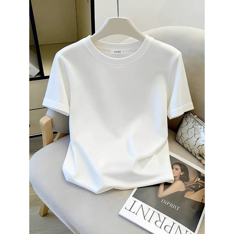 Γυναικεία λευκή κοντομάνικη T-shirt, μινιμαλιστικό στυλ, ίσια γραμμή ώμων, χαλαρή εφαρμογή, πολυχρηστικό καλοκαιρινό τοπ
