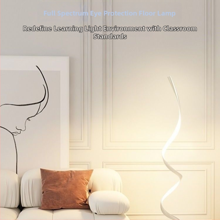 Podlahová lampa s minimalistickým dizajnom v škandinávskom štýle do obývačky, vedľa sedačky, v rohu steny, s kompletným spektrom a vlnovou atmosférou