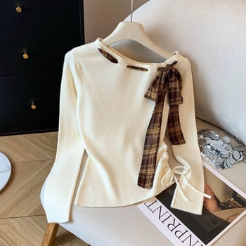 Γυναικείο μακρυμάνικο T‑shirt με patchwork καρό βελούρο και ραφές, φθινόπωρο-χειμώνα, κορεατικό στυλ, στενή γραμμή με κορδόνι στη μέση