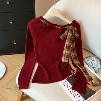 Γυναικείο μακρυμάνικο T‑shirt με patchwork καρό βελούρο και ραφές, φθινόπωρο-χειμώνα, κορεατικό στυλ, στενή γραμμή με κορδόνι στη μέση