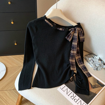 Γυναικείο μακρυμάνικο T‑shirt με patchwork καρό βελούρο και ραφές, φθινόπωρο-χειμώνα, κορεατικό στυλ, στενή γραμμή με κορδόνι στη μέση